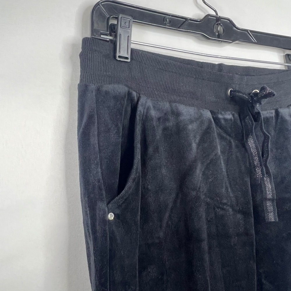 Black Velour Track Pants Womens M Flare Leg Y2K Lounge 90s Minimalism McBling - Picture 2 of 11